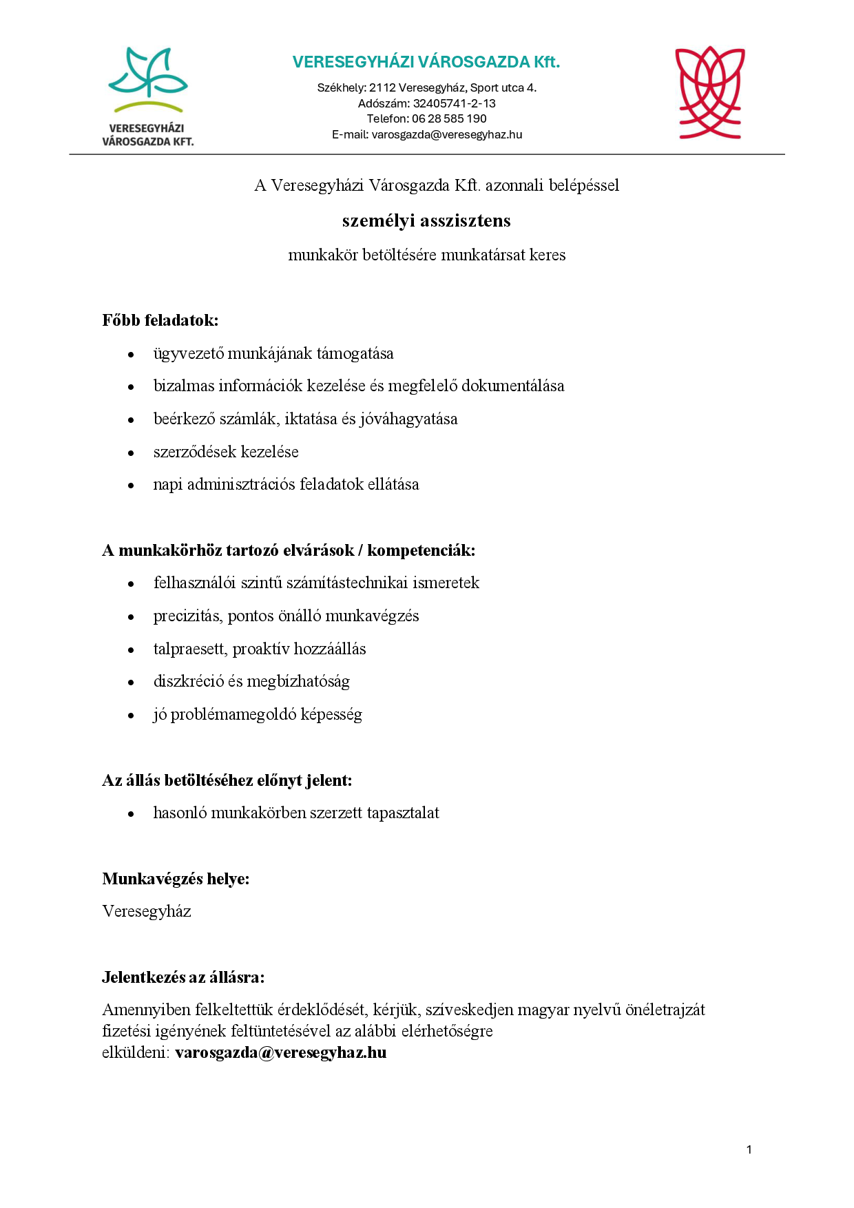 Személyi asszisztens álláshirdetés